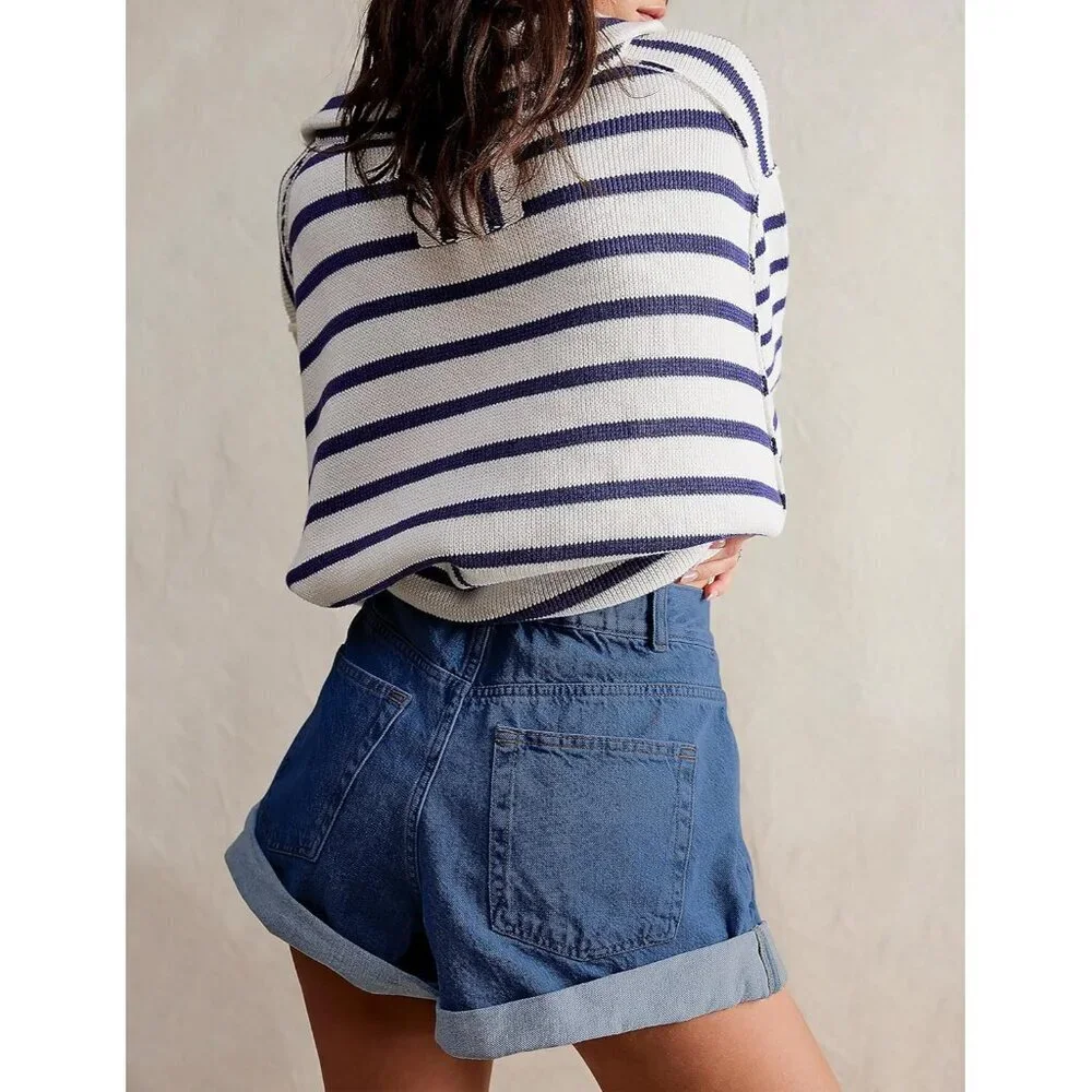 Womens Jean Shorts Stretch Denim High Rise Pockets Relaxed Fit